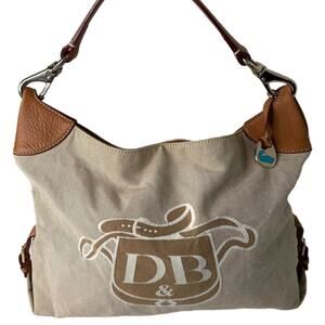 Dooney & Bourke Monogram Jacquard Hobo Purse Duck Fob Tan with Brown Trim EUC